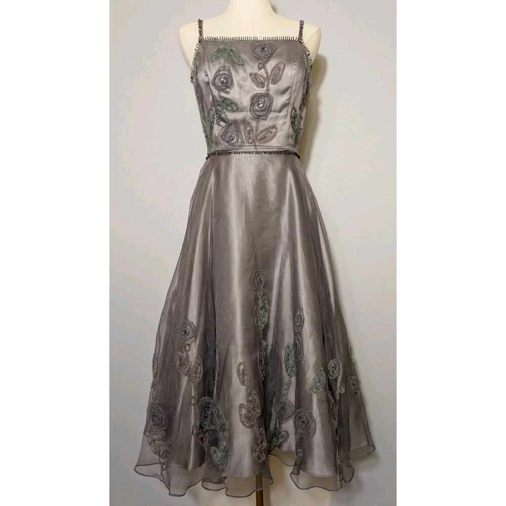 Sue Wong Silk Dress Sz 6 Gray Embroidered Floral Formal Party Wedding Prom Y2K